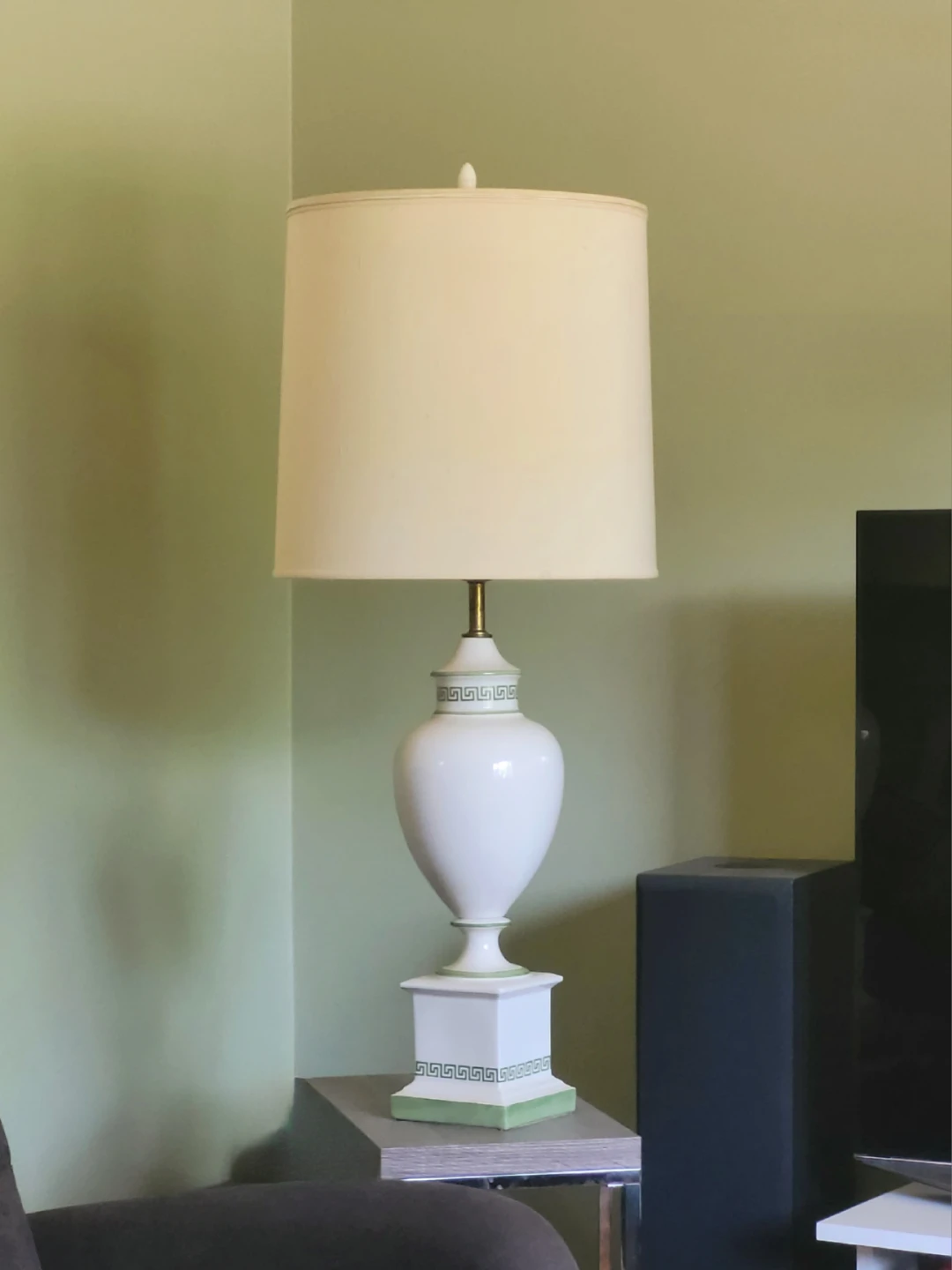 Vintage White Ceramic Table Lamp with Greek Key Accent
