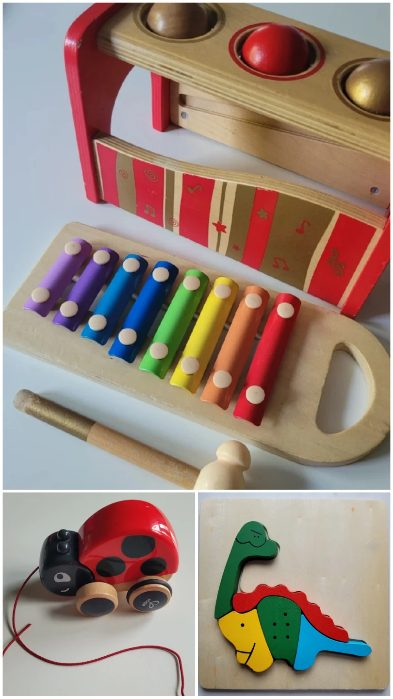 3 set Wooden Toys Ladybug & Xylophone & Dinosaur Puzzle Set