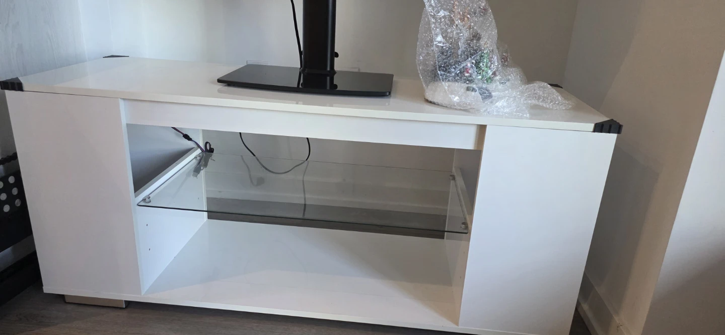 White TV Stand with Glass Shelves