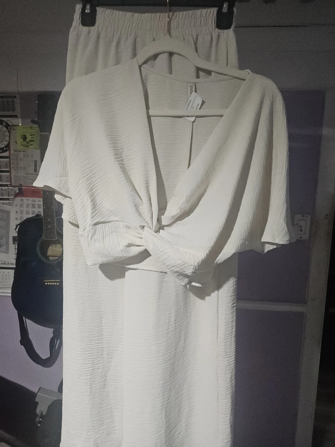 ZENANA White Textured Twist Front Top & Pants Set Size S