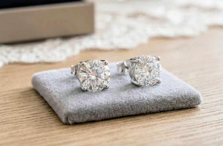 Gold Stud Earring with Clear Gem