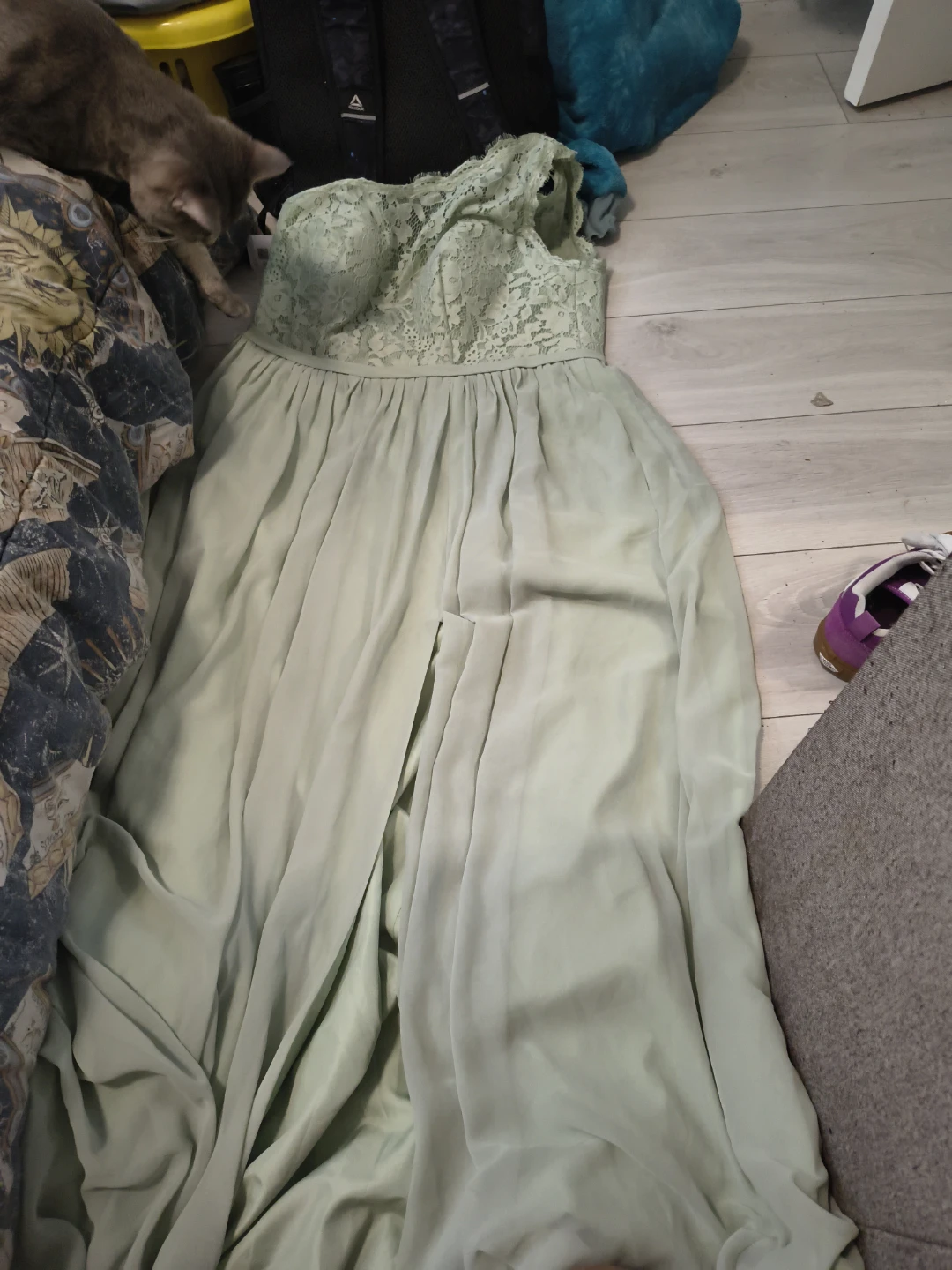 Azazie Bridesmaid Sage Green Lace Bodice Maxi Dress