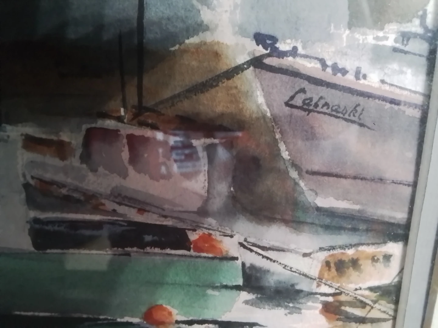 Framed Watercolour Painting of Boats in Harbour by Cafnaski. - photo 3
