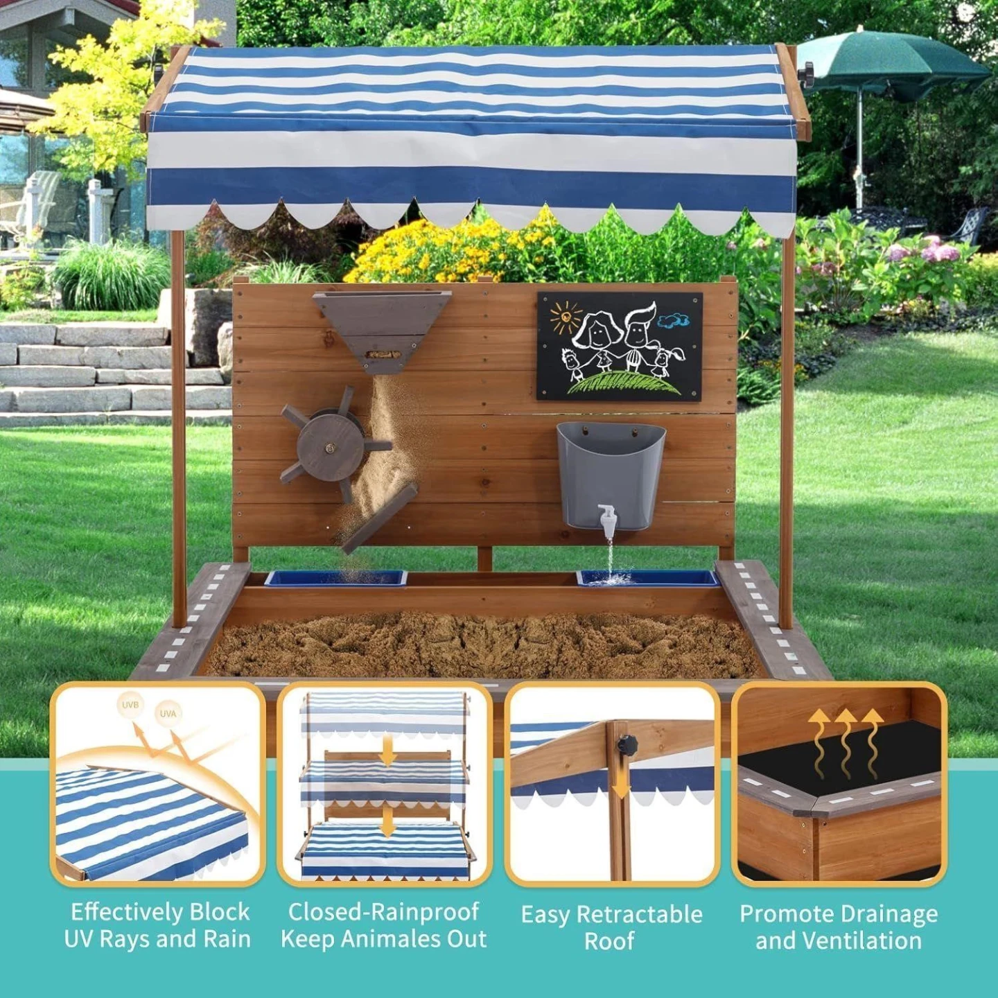 Kids Wooden Sandbox with Awning and Activities - photo 3