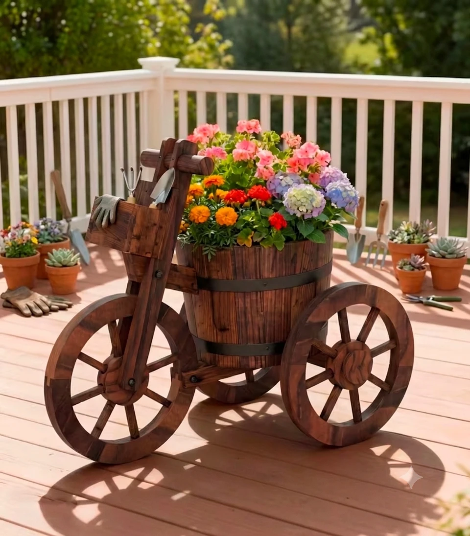 Rustic Wooden Bicycle Barrel Planter Garden/Patio Décor *new