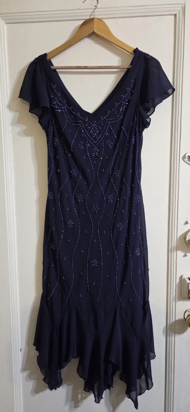 Navy Beaded V-Neck Dress with Flutter Sleeves
