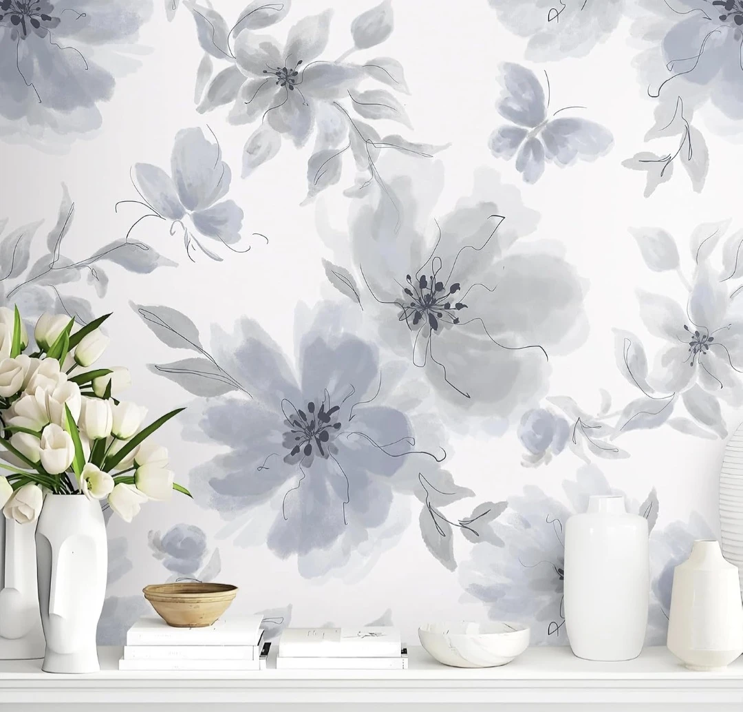 Watercolour Floral Peel & Stick Wallpaper - Blue Grey 17.3"×197" - photo 2