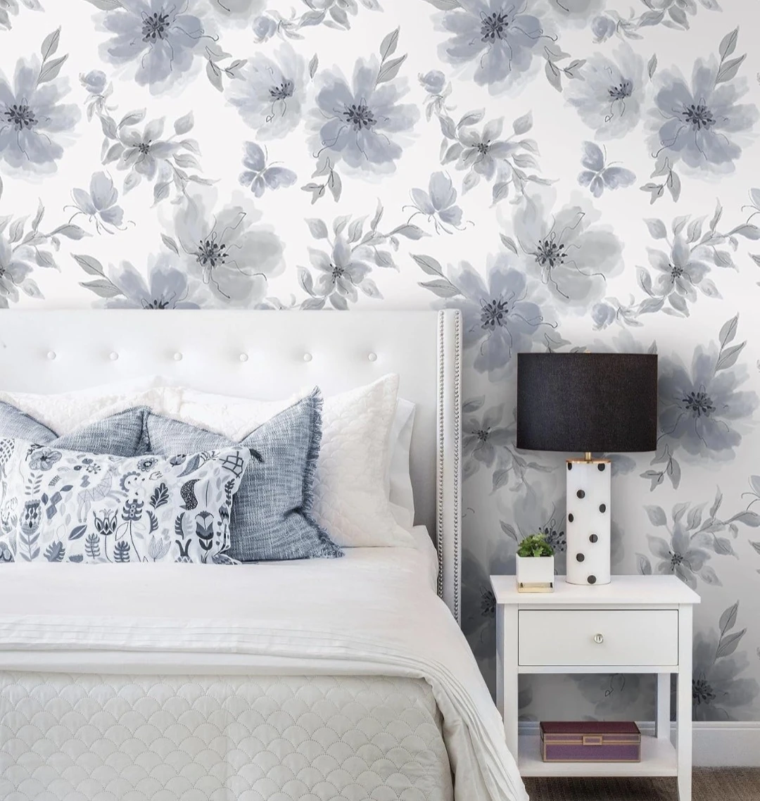 Watercolour Floral Peel & Stick Wallpaper - Blue Grey 17.3"×197" - photo 3