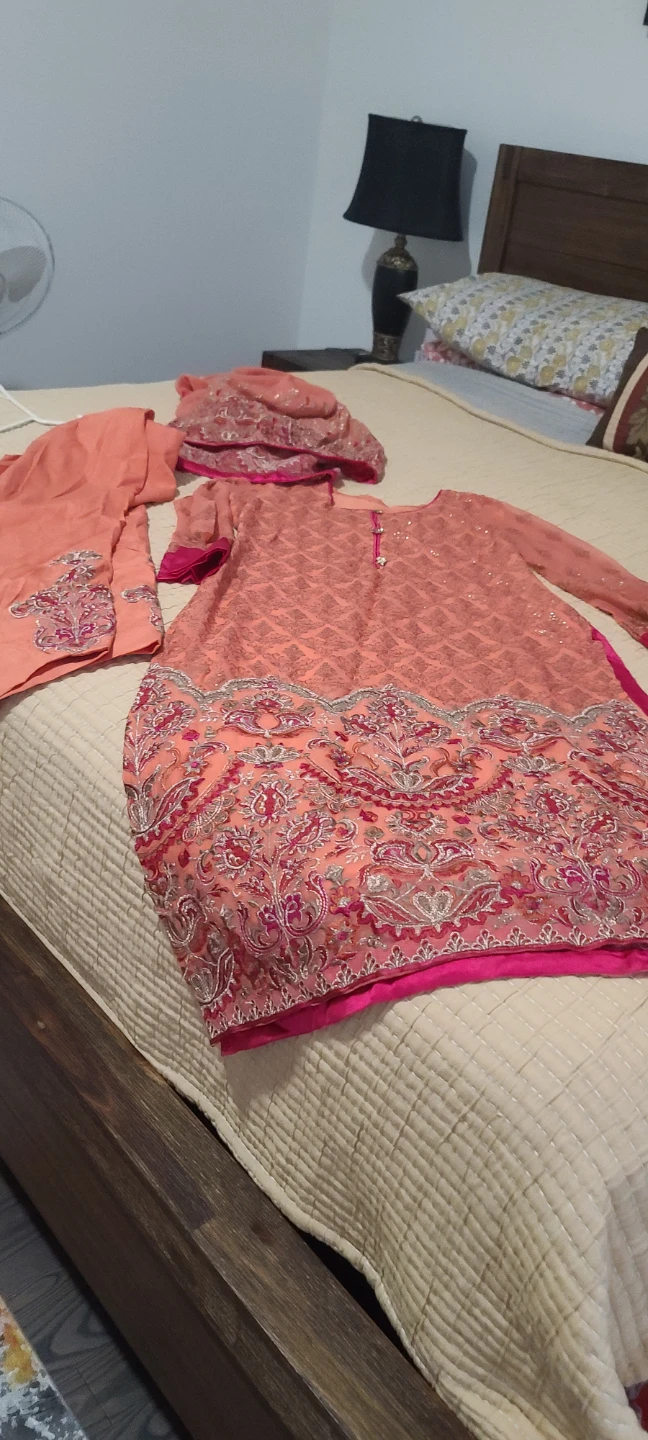 Women's Embroidered Kameez Shalwar Set - Peach