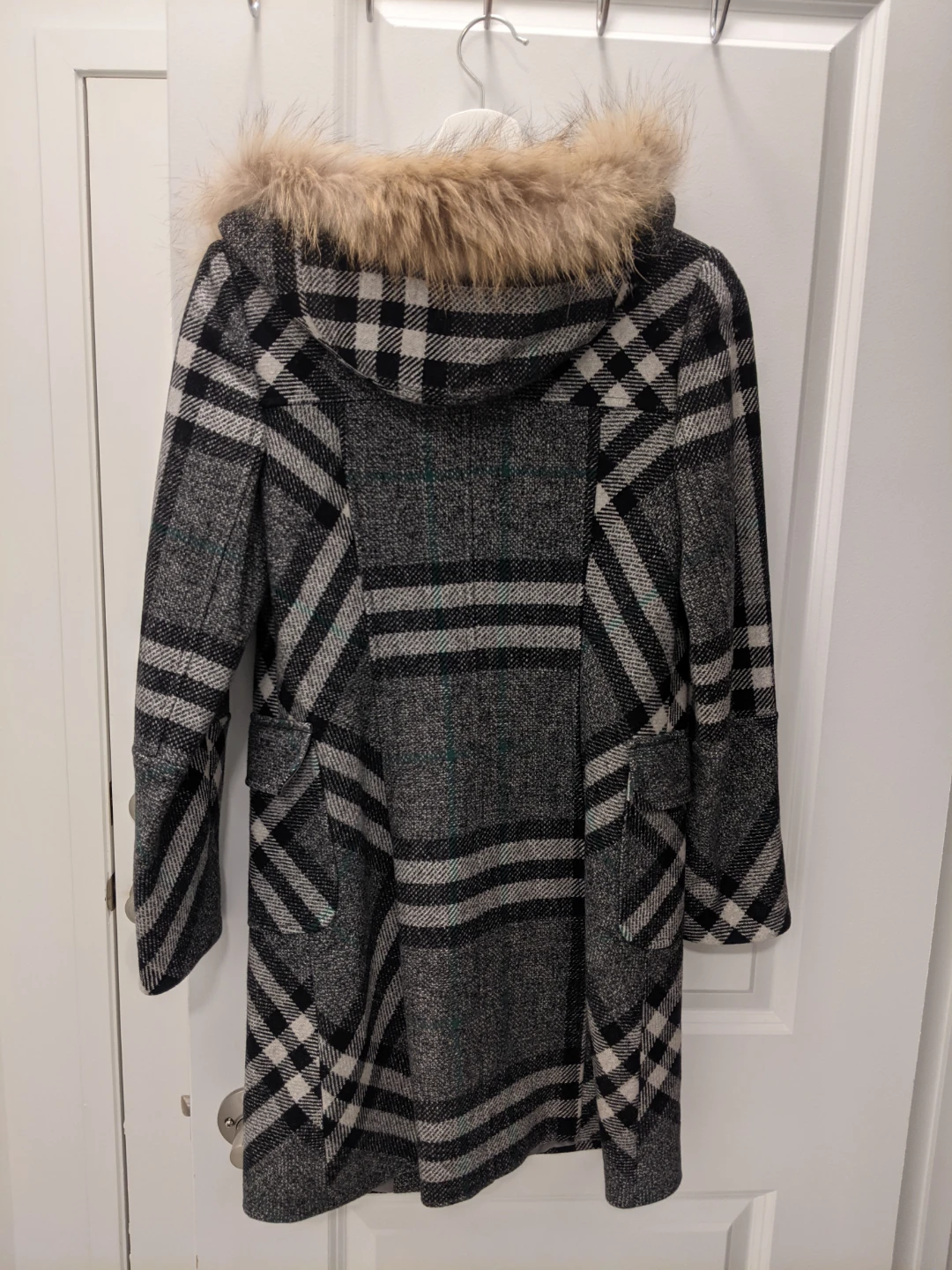 Plaid Hooded Wool Blend Toggle Duffle Coat Faux Fur Trim - photo 3