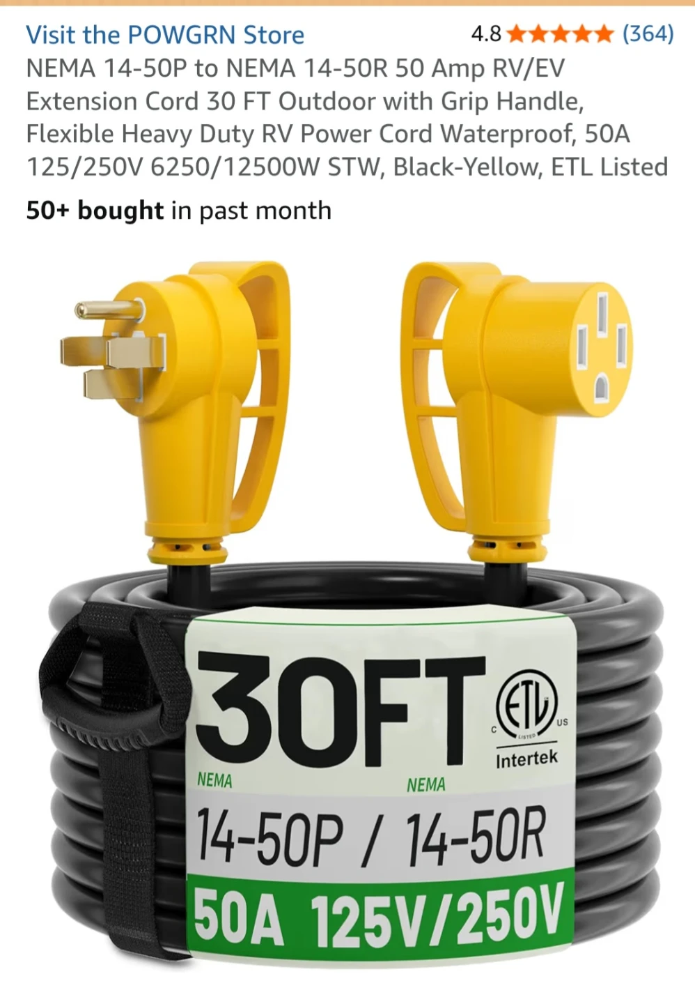 RV/EV Extension Cord 30FT 50A Black-Yellow