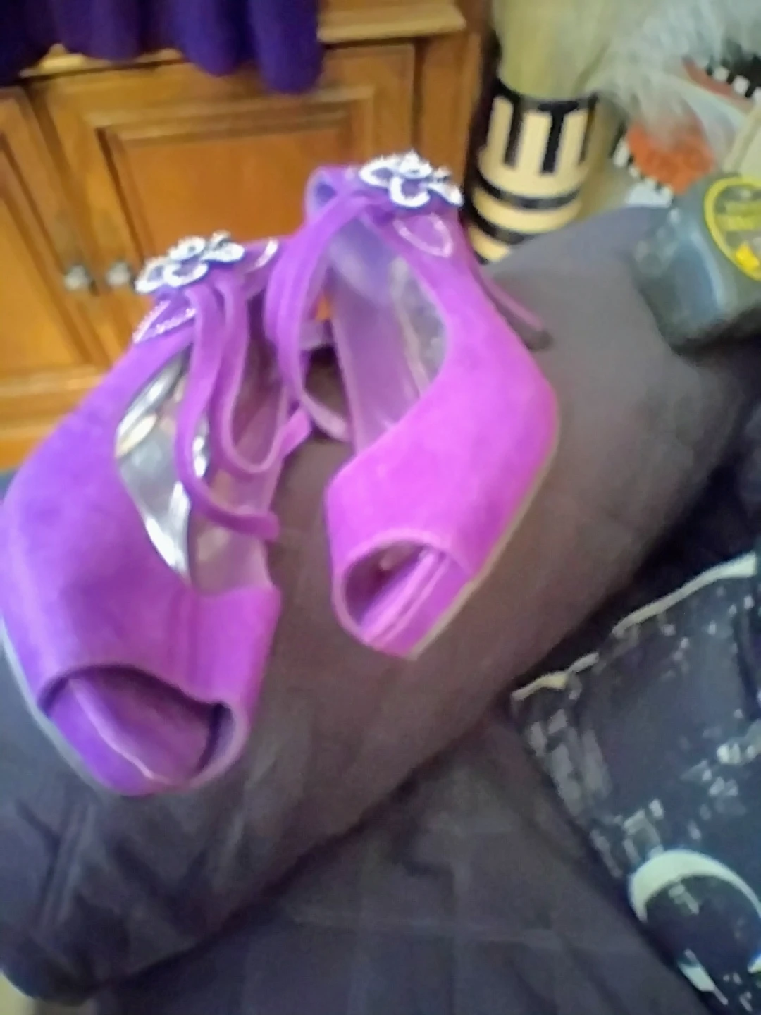 Purple Peep-Toe Heels with Rhinestone Flower Detail - photo 3