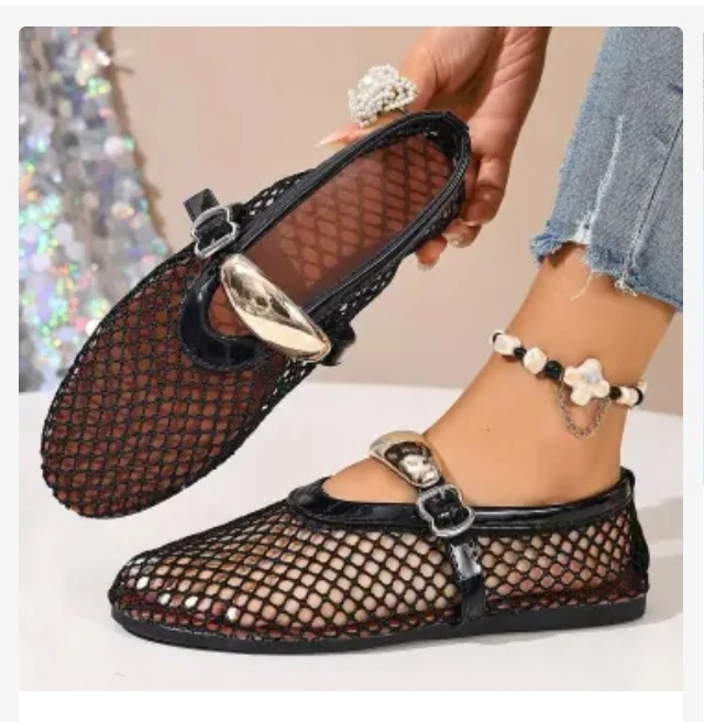 Mesh Ballet Flats with Buckle Detail