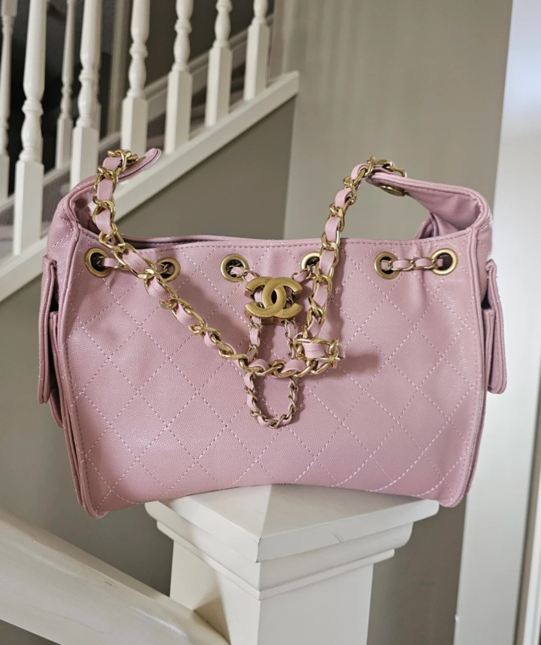 Pink Quilted Handbag with Chain Strap