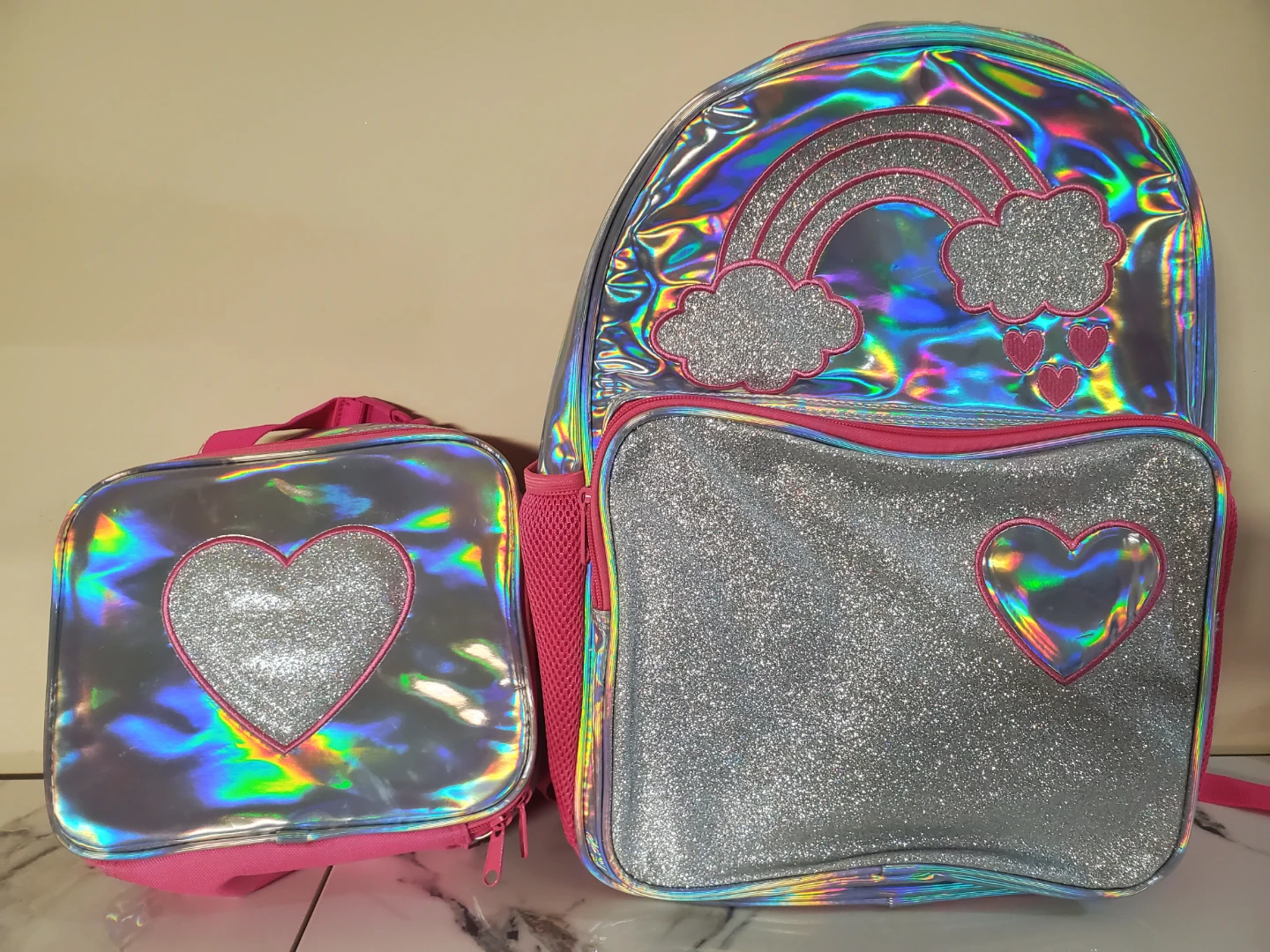 Brand new Holographic Rainbow Heart Backpack and Lunch Bag Set