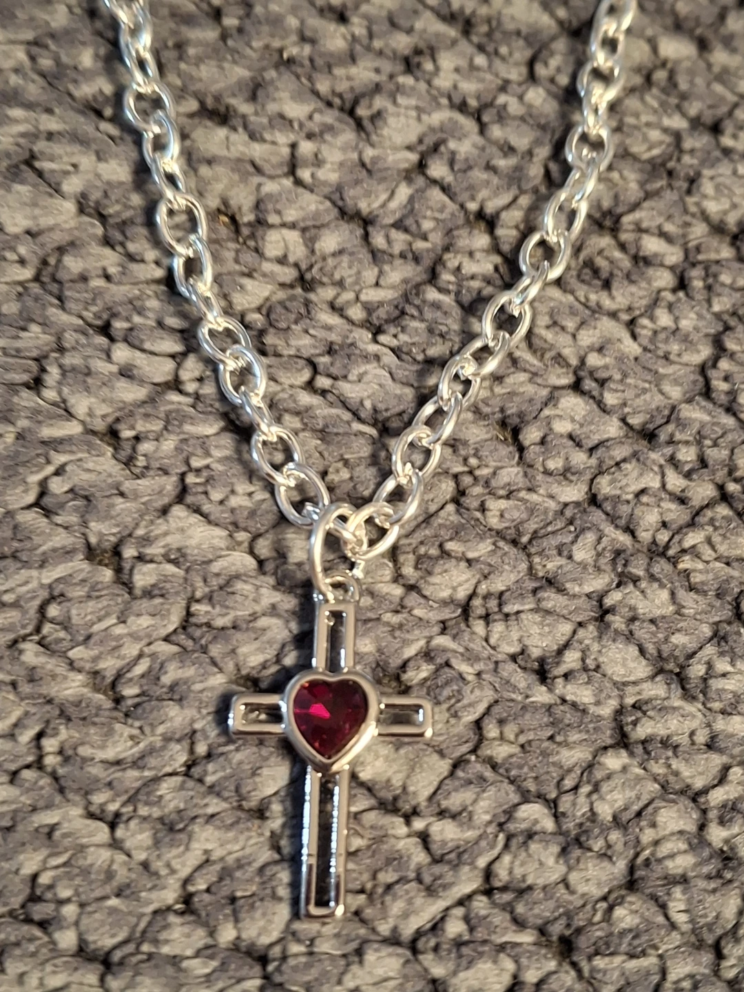 Silver Plated Necklace with Red Heart Cross