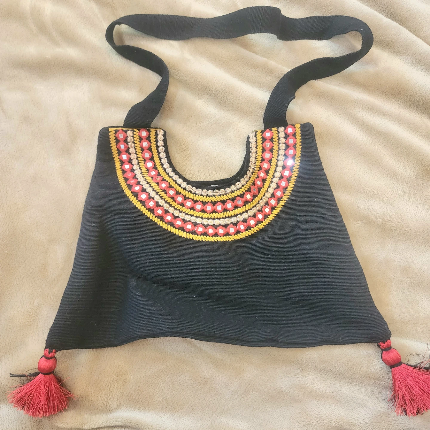 Black Embroidered Shoulder Bag with Red Tassels
