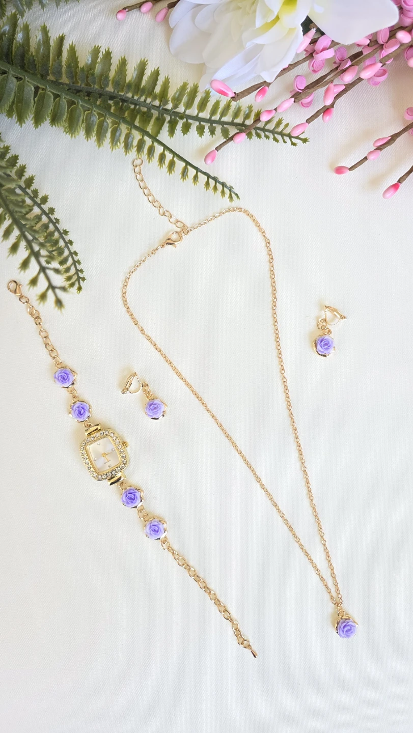 Gold-tone watch and jewelry set with purple roses