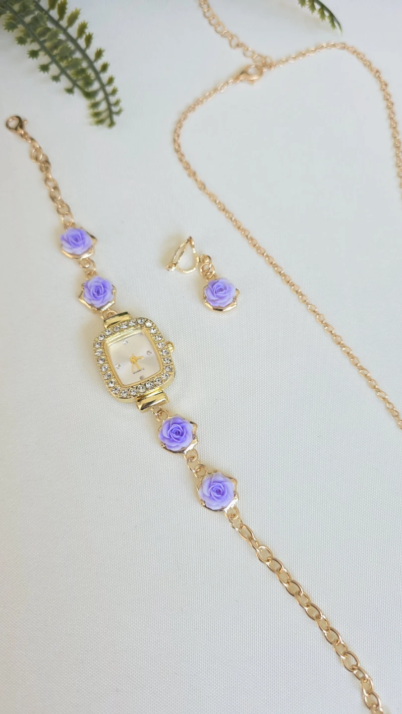 Gold-tone watch and jewelry set with purple roses - photo 2