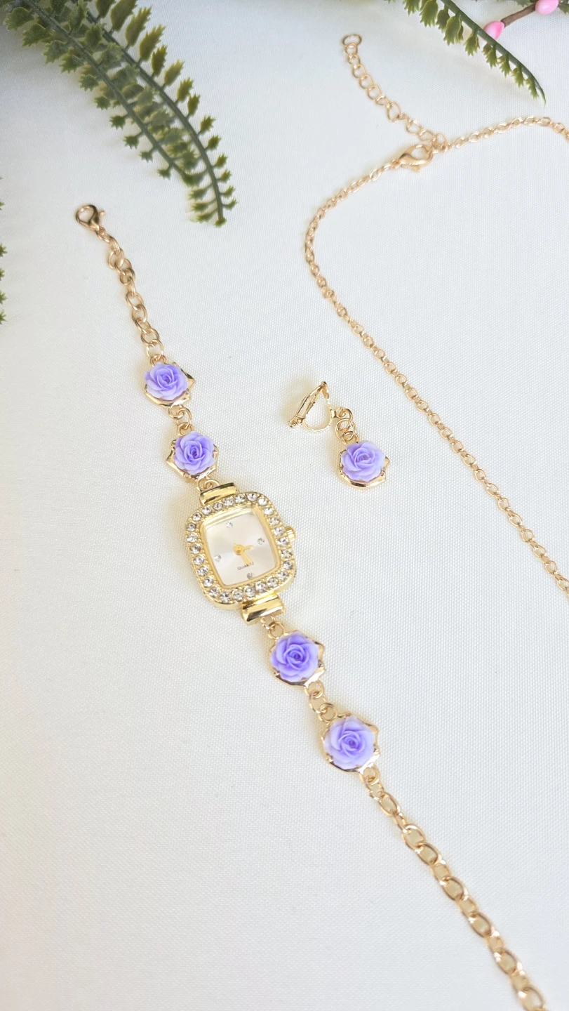 Gold-tone watch and jewelry set with purple roses - photo 3