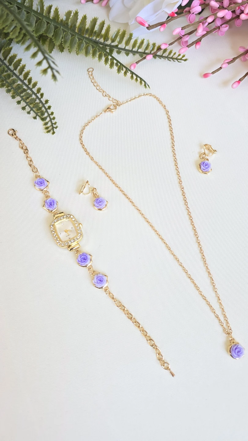 Gold-tone watch and jewelry set with purple roses - photo 4