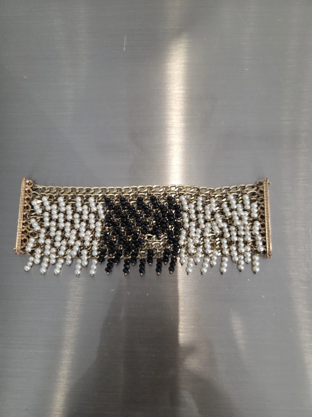 Gold Chain Bracelet with Black and White Beads