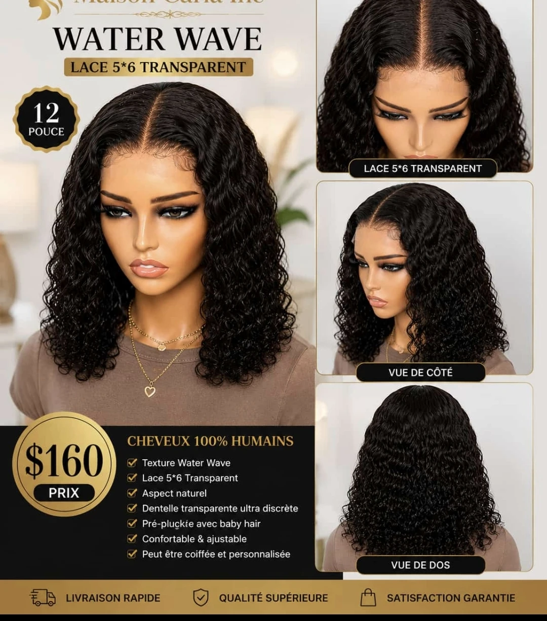 Perruque Cheveux Humains Water Wave 12 pouces
