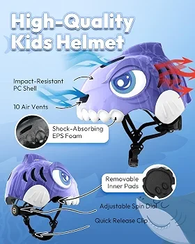 Kids Protective Gear Set - Purple Shark Helmet and Pads