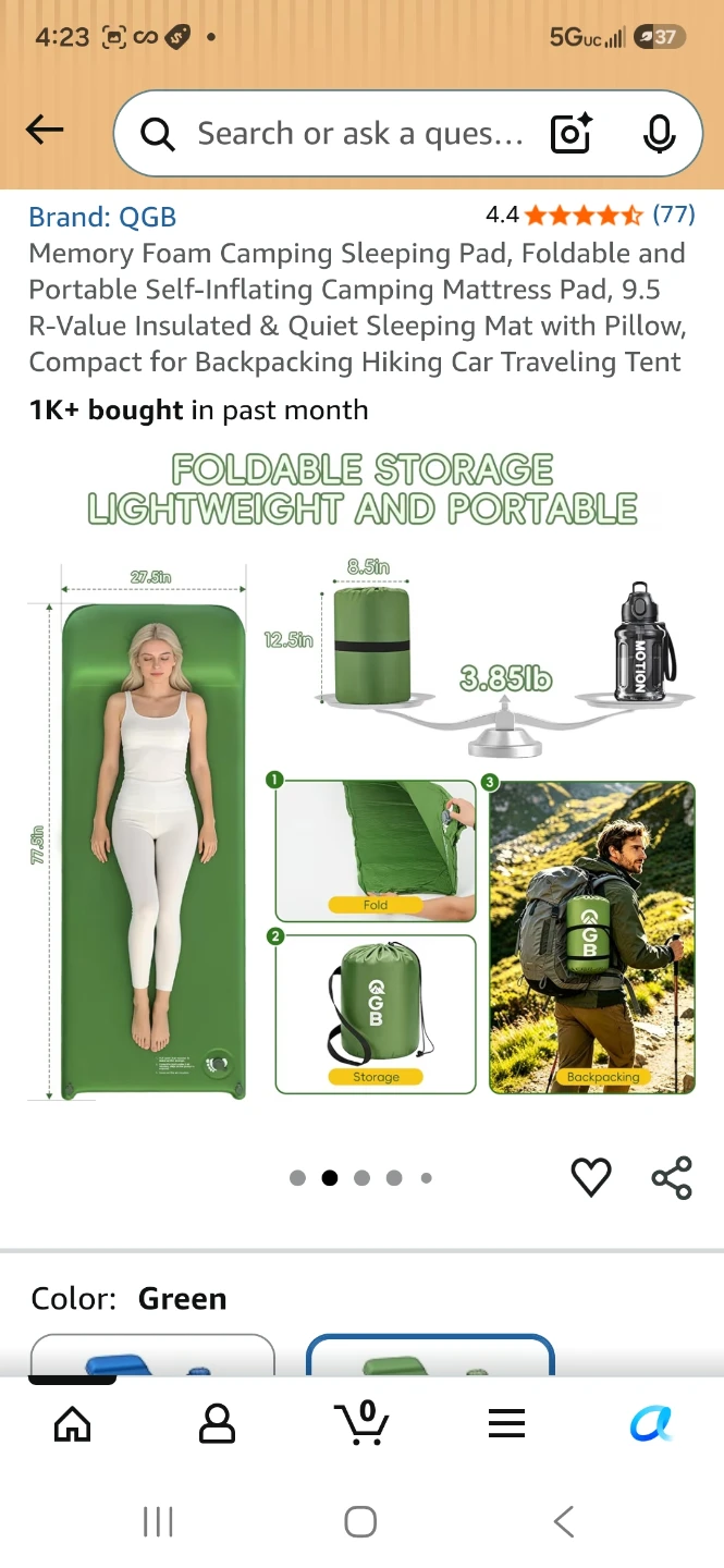 QGB Memory Foam Self-Inflating Camping Sleeping Pad Green - photo 2