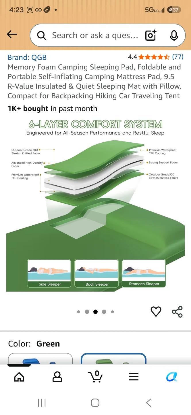 QGB Memory Foam Self-Inflating Camping Sleeping Pad Green - photo 4