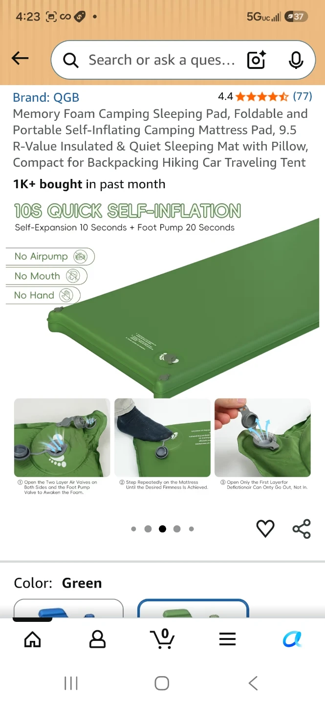 QGB Memory Foam Self-Inflating Camping Sleeping Pad Green - photo 5
