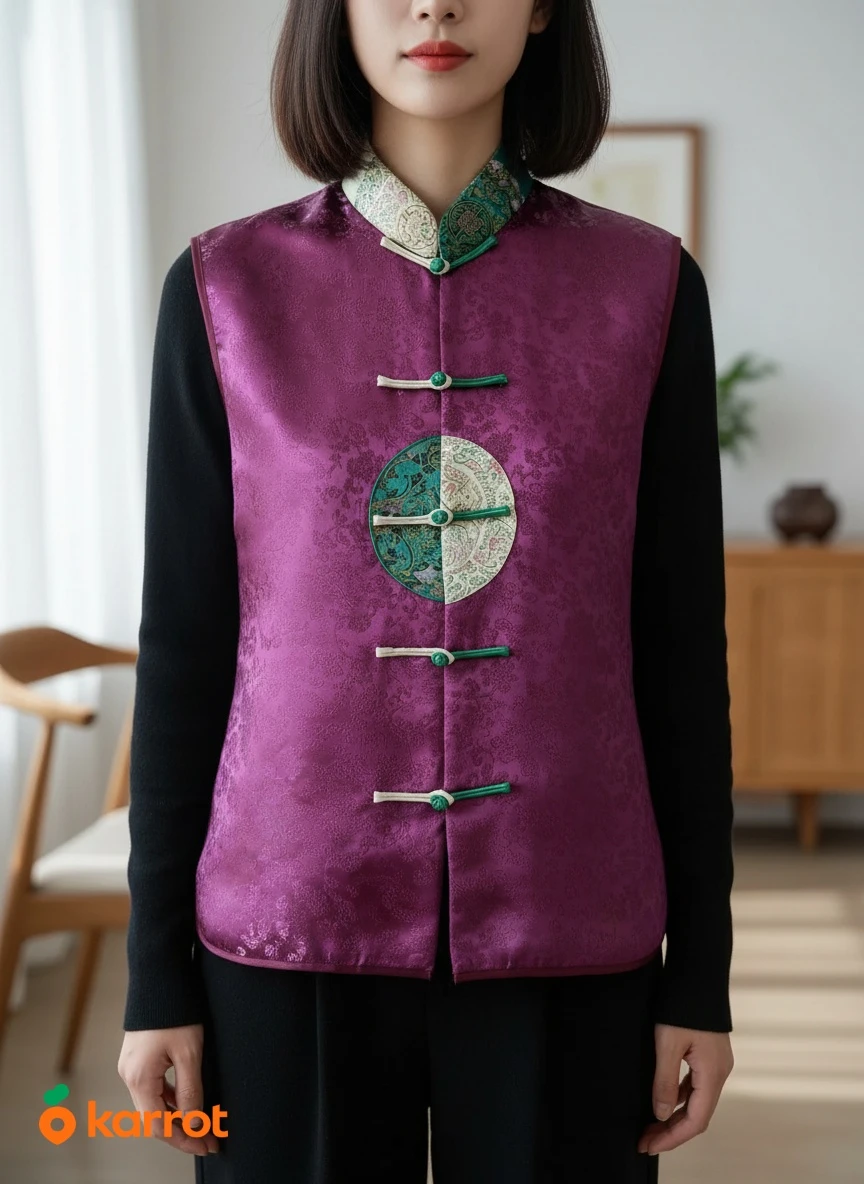 Purple Satin Brocade Mandarin Collar Vest
