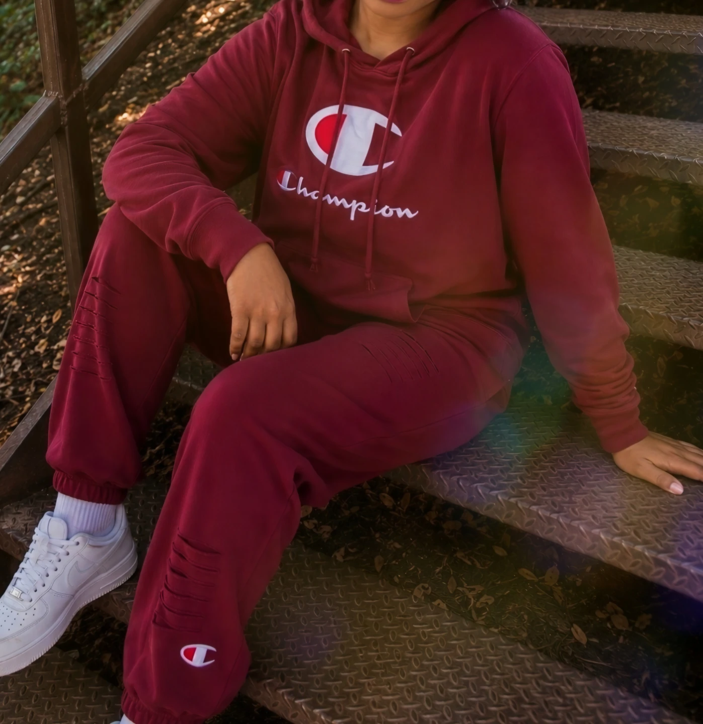 Champion Burgundy Distressed Tracksuit Set
