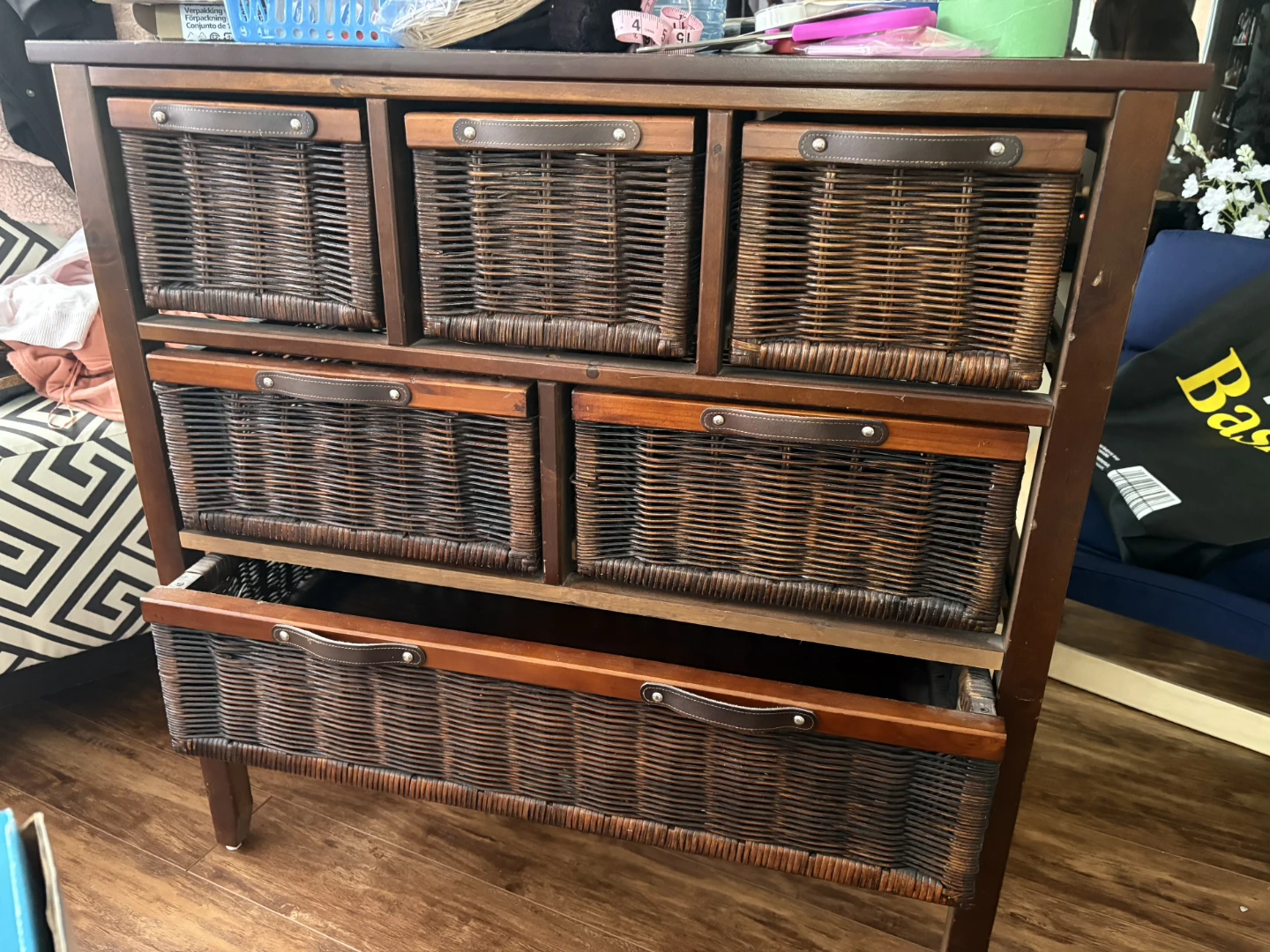 Wooden Storage Cabinet with Wicker Baskets