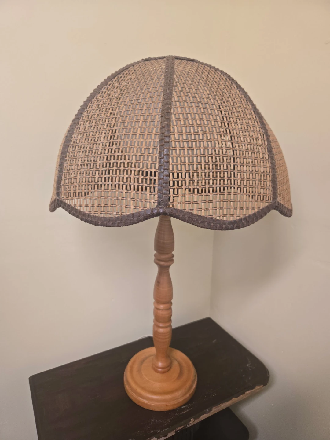 Vintage Wooden Table Lamp with Scalloped Wicker Dome Shade