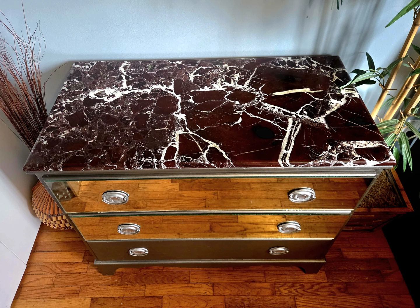 Vintage Rosso Levanto Marble Top Three Drawer Mirrored Dresser - photo 2
