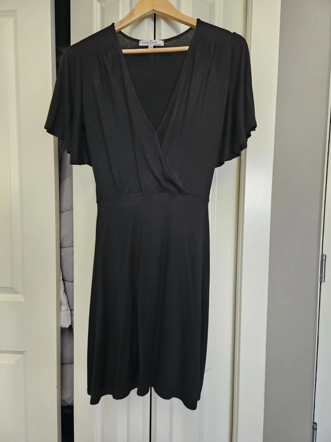 Velvet Torch Black V-Neck Flutter Sleeve Wrap Dress