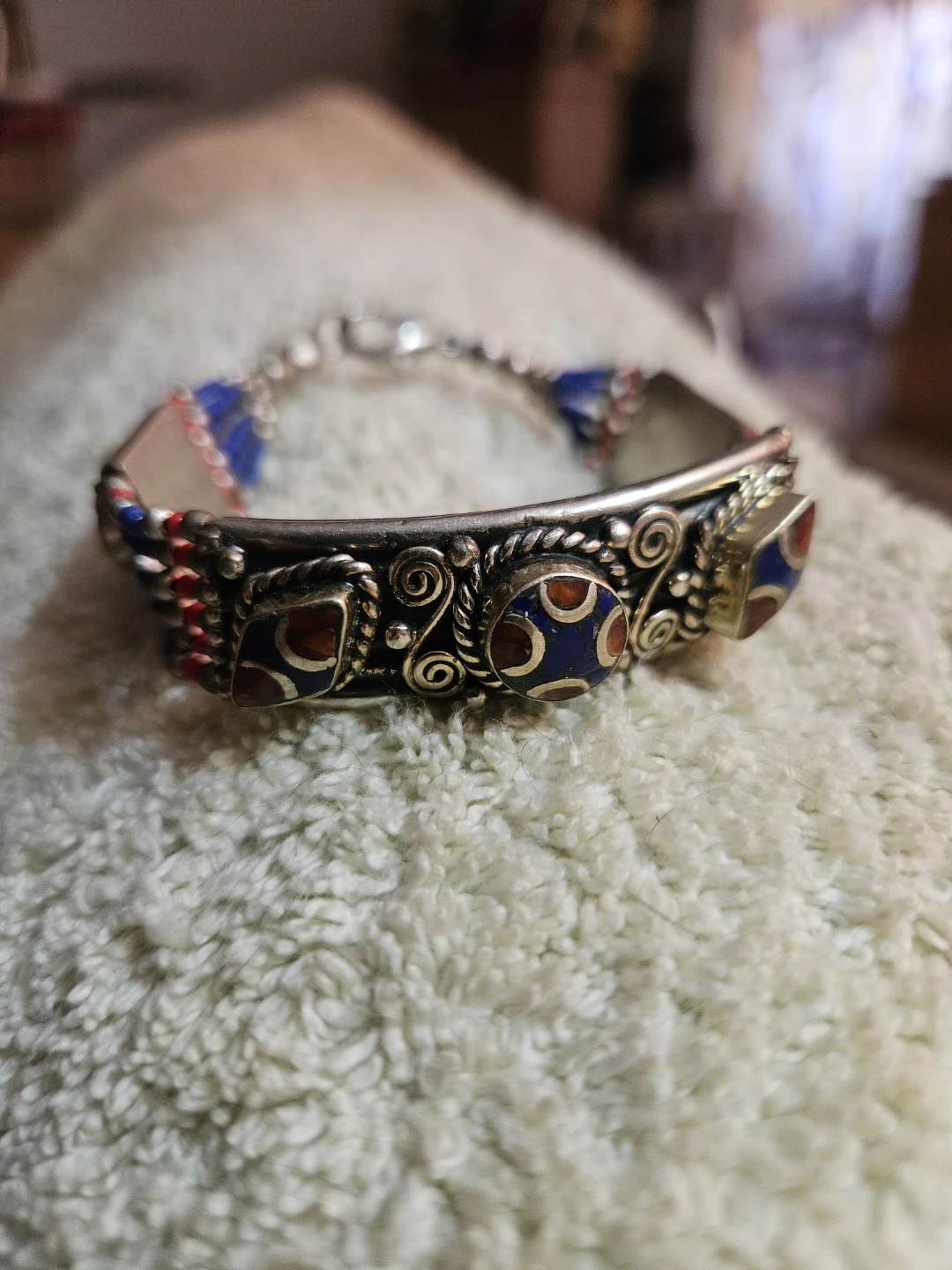 Silver Tibetian Lapis Lazuli Beaded Bracelet with Enamel Accents