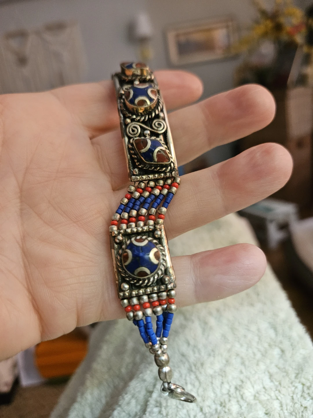 Silver Tibetian Lapis Lazuli Beaded Bracelet with Enamel Accents - photo 3