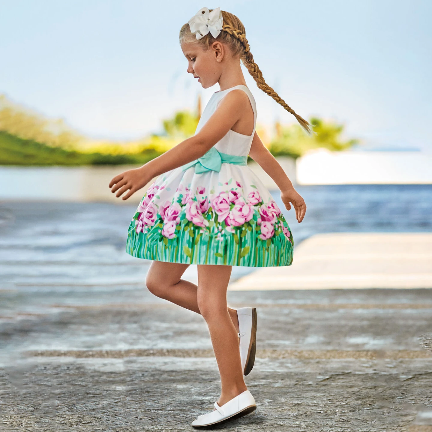 Mayoral Girls White & Green Floral Dress