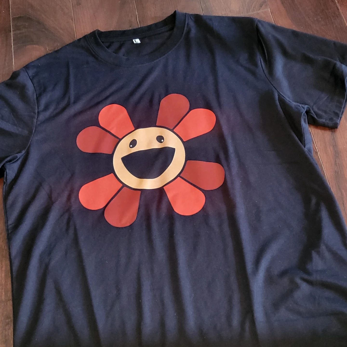 Black T-Shirt with Flower Graphic - Size L