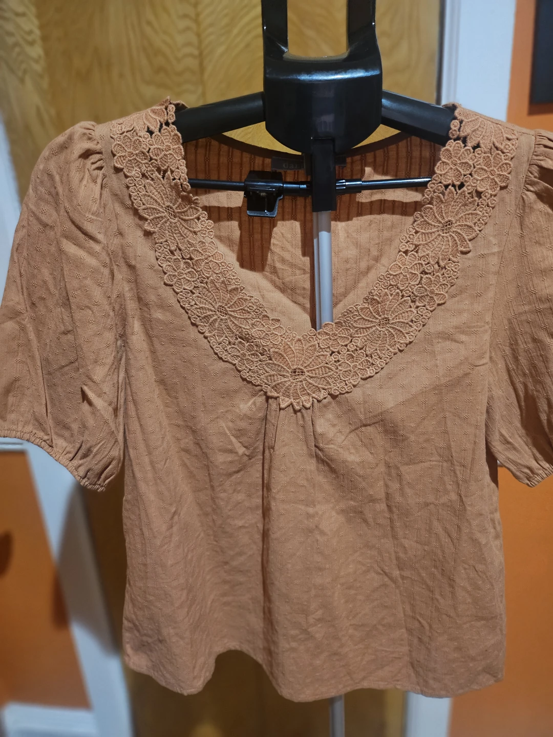 Daniel Rainn Brown Lace Neckline Blouse