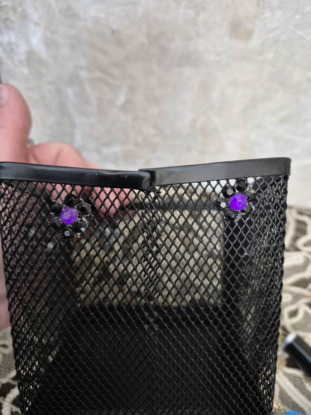 Black Mesh Desk Organizer with Rhinestone Flower Accents - photo 5