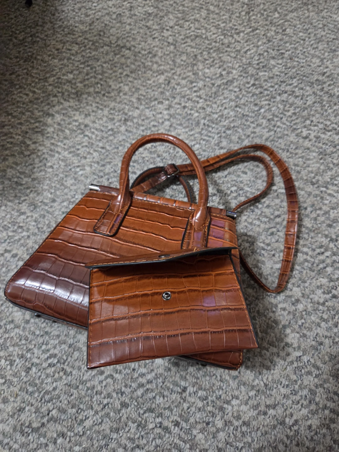Brown Faux Croc Handbag with Matching Wallet