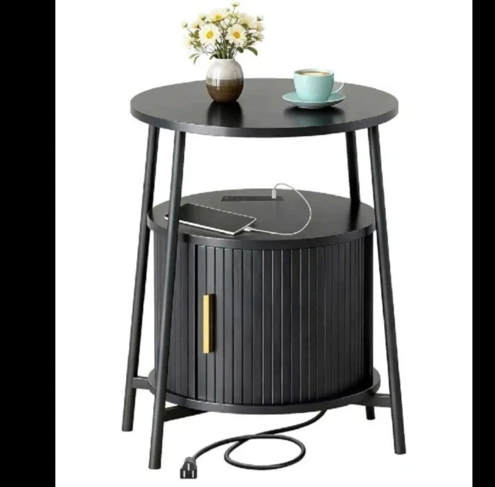 Black Round End Table with Built-in USB Ports