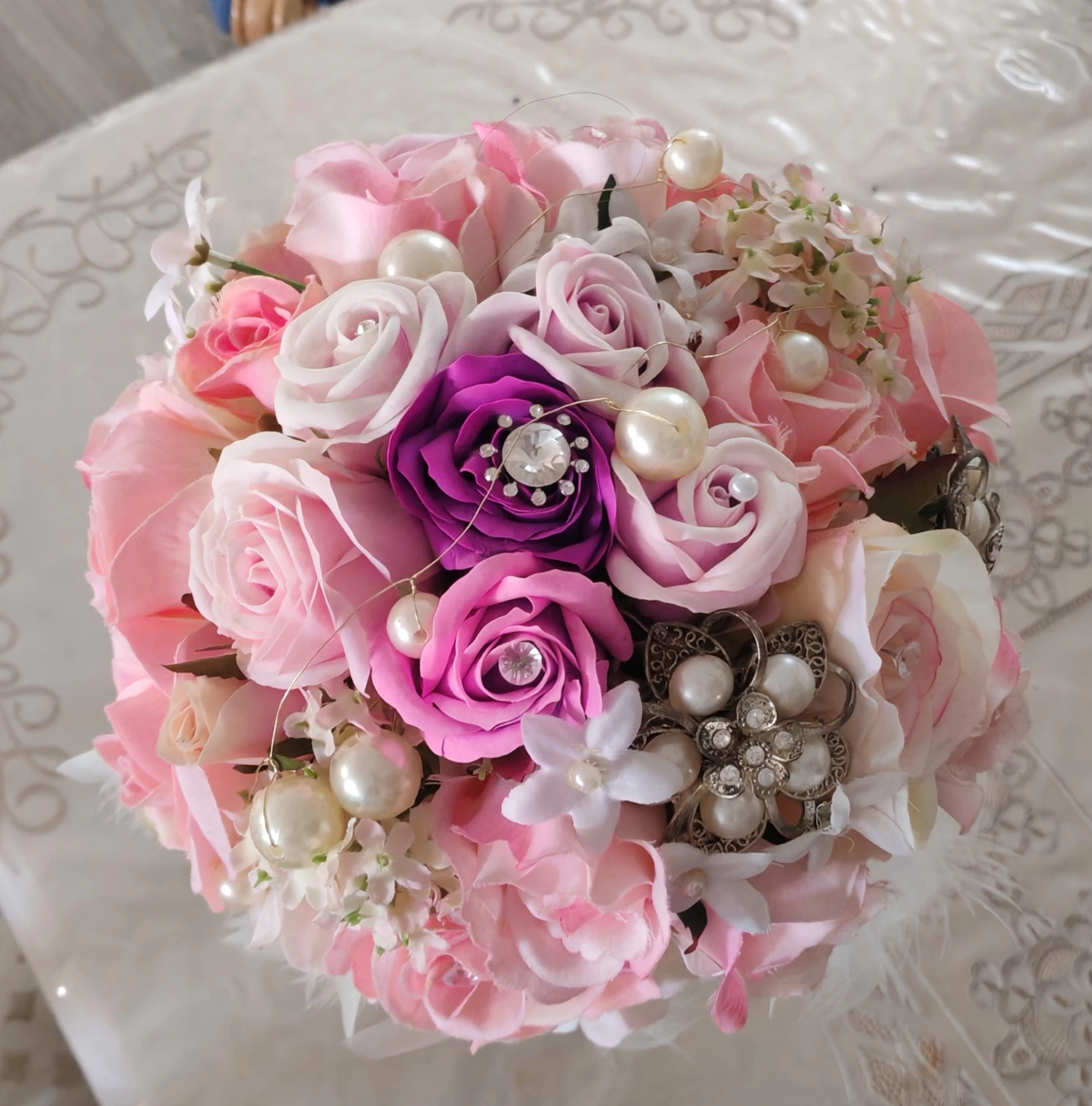 Artificial Wedding Bouquet with Roses and Feathers