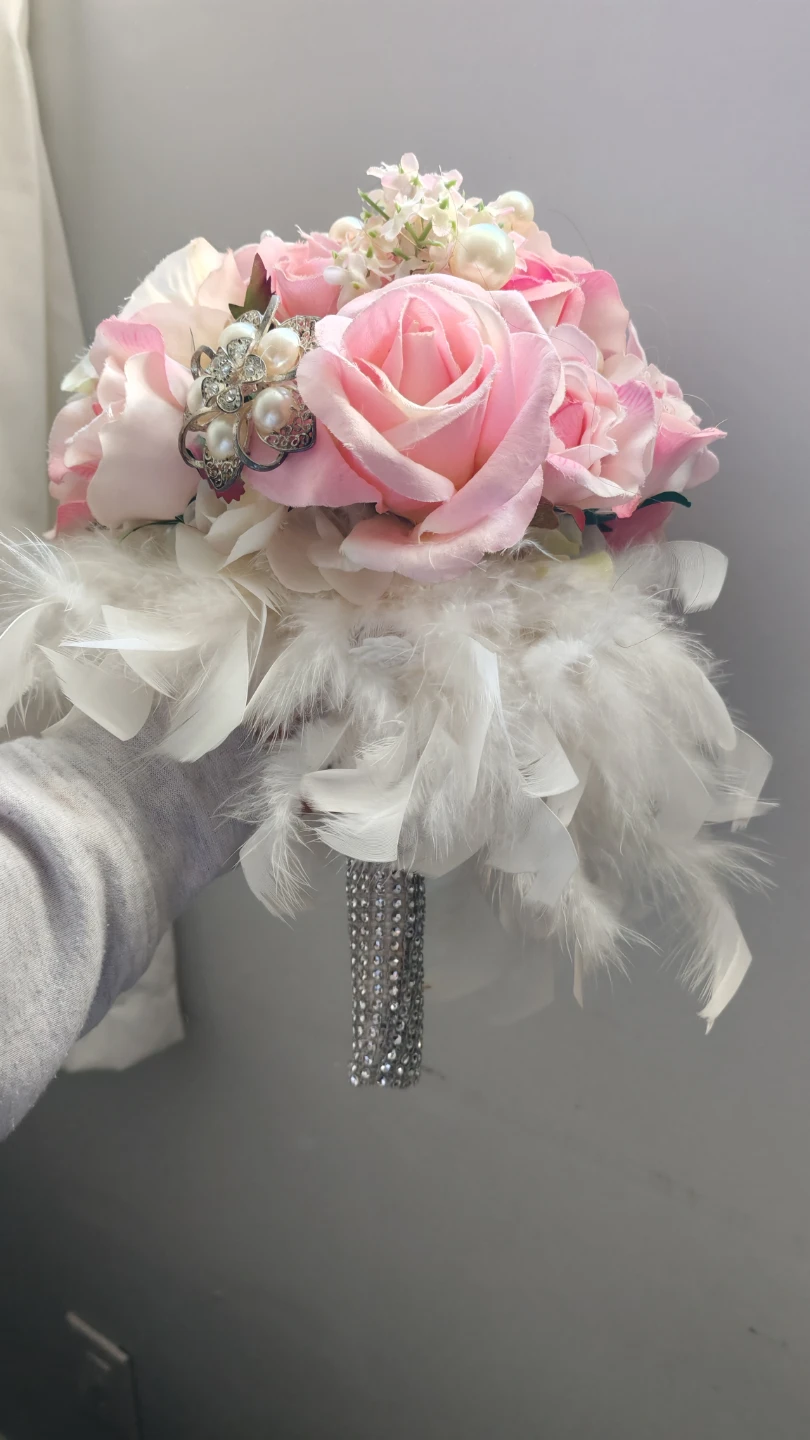 Artificial Wedding Bouquet with Roses and Feathers - photo 2