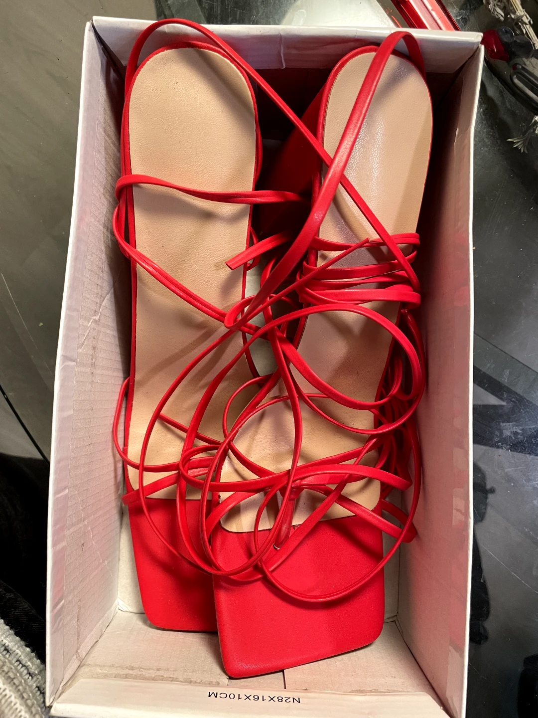 Red Lace-Up Square Toe Heels