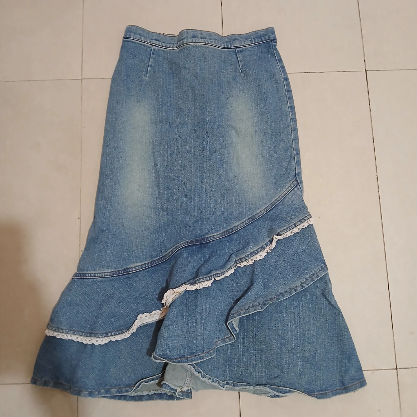 Denim Midi Skirt with Lace Trim