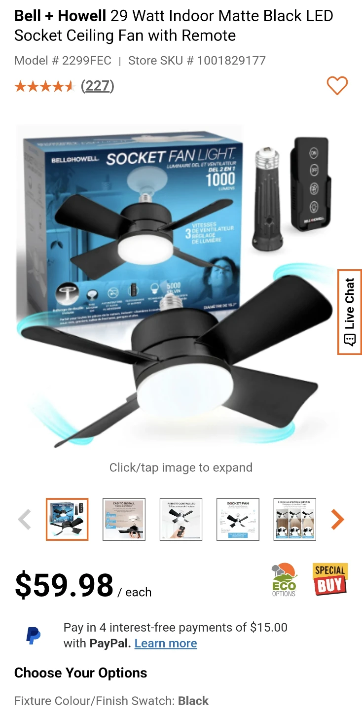 Bell + Howell 29W Black Socket Fan Light with Remote